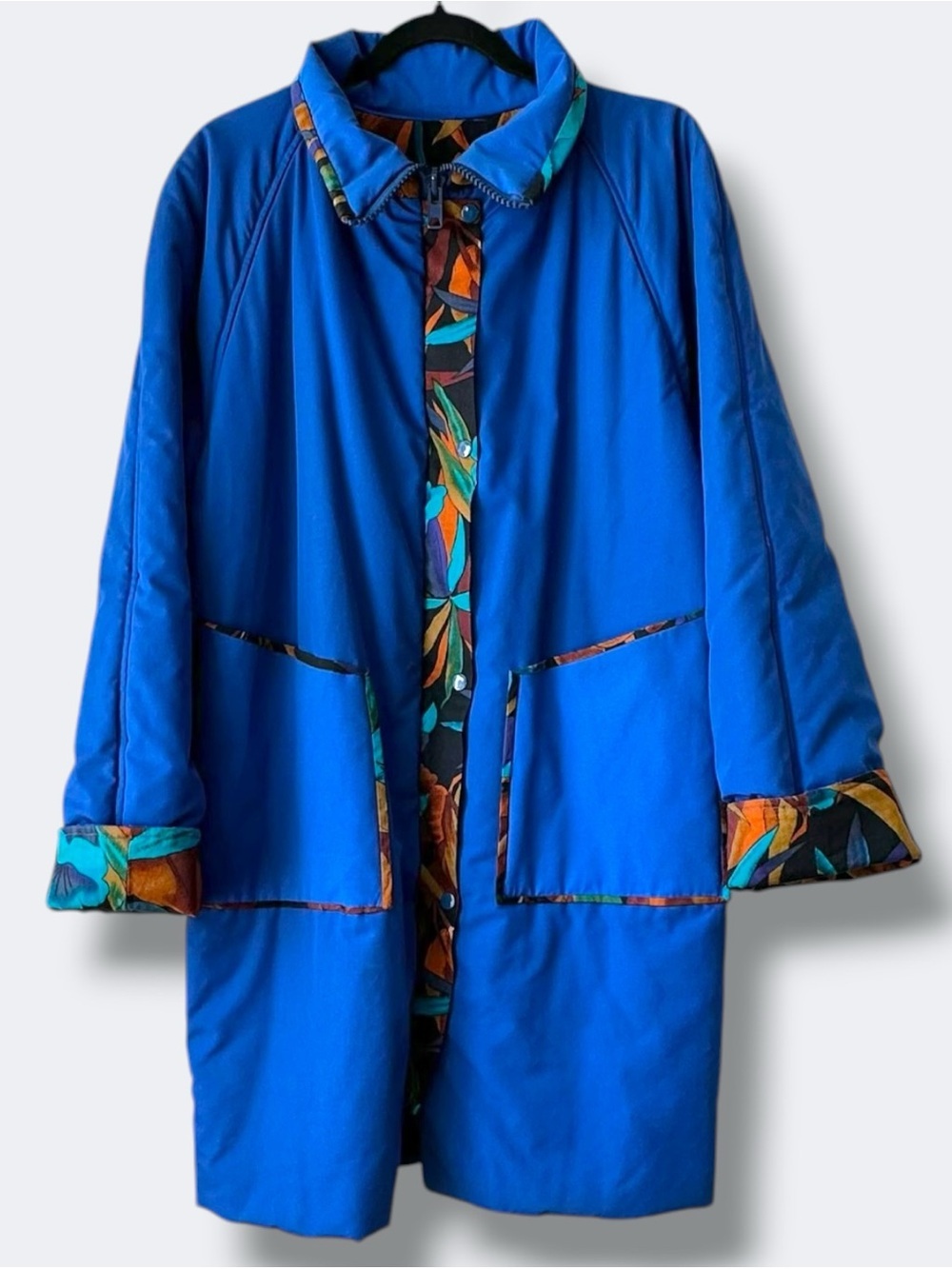 Vintage 90s Royal Blue Statement Parka - Tropical Floral Lining - Oversized XL - Picture 2 of 12